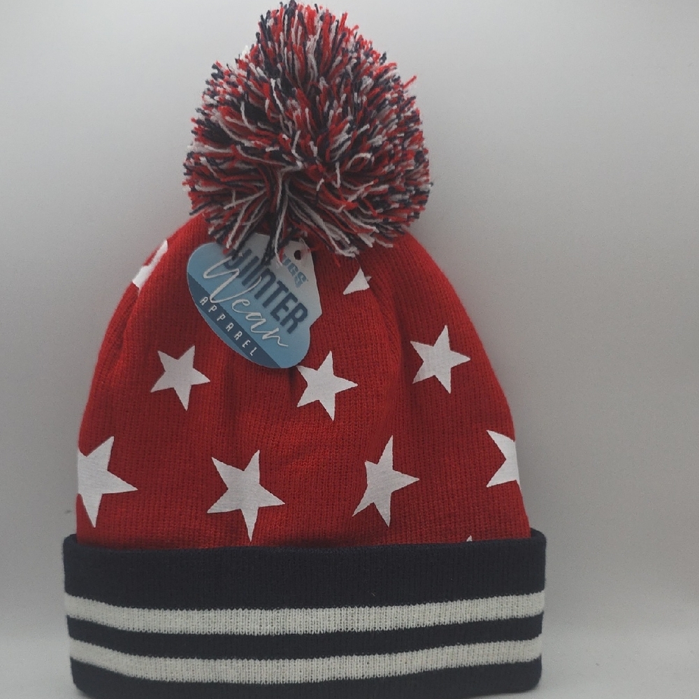 Pugs Brand, Red Star Patterned Beanie with Pom Pom, NWT